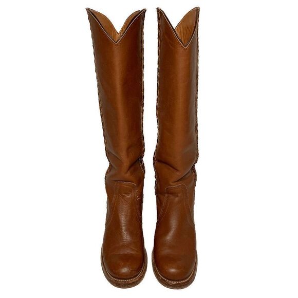 Frye Sabrina Braided Knee High Tall Heeled Leather Boots Size 6 Cognac Brown - Picture 6 of 8